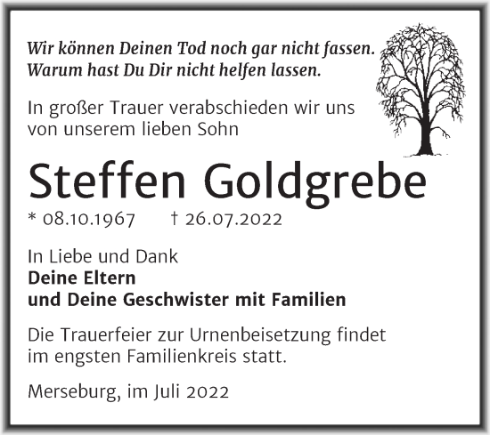 Traueranzeige von Steffen Goldgrebe von Trauerkombi Merseburg