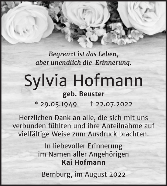 Traueranzeige von Sylvia Hofmann von Trauerkombi Bernburg