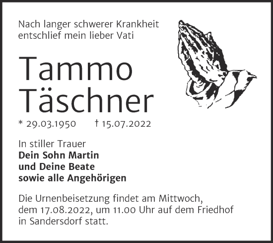 Traueranzeige von Tammo Täschner von Trauerkombi Bitterfeld