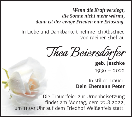 Traueranzeige von Thea Beiersdörfer von Trauerkombi Weißenfels