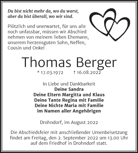Traueranzeige von Thomas Berger von Trauerkombi Aschersleben