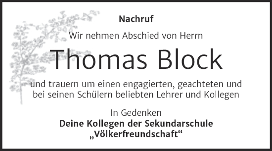 Traueranzeige von Thomas Block von Trauerkombi Köthen