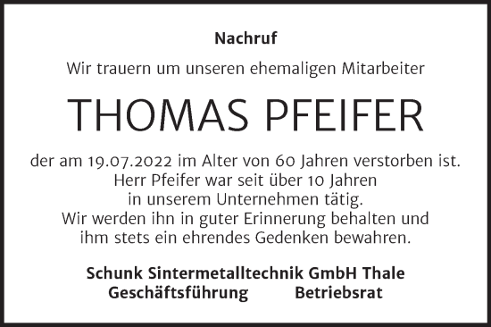 Traueranzeige von Thomas Pfeifer von Super Sonntag Quedlingburg