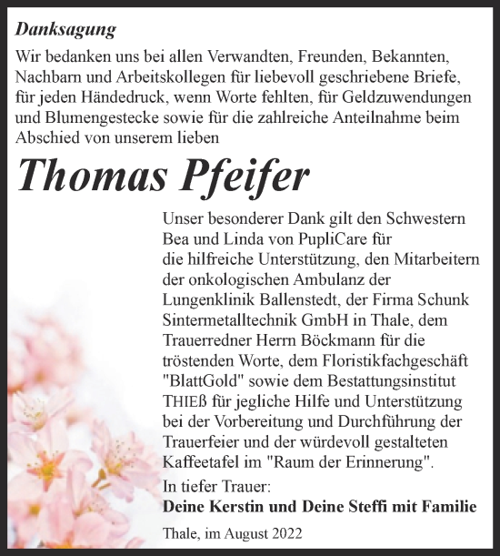 Traueranzeige von Thomas Pfeifer von Trauerkombi Quedlinburg