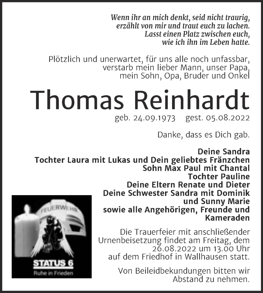  Traueranzeige für Thomas Reinhardt vom 20.08.2022 aus Trauerkombi Sangerhausen