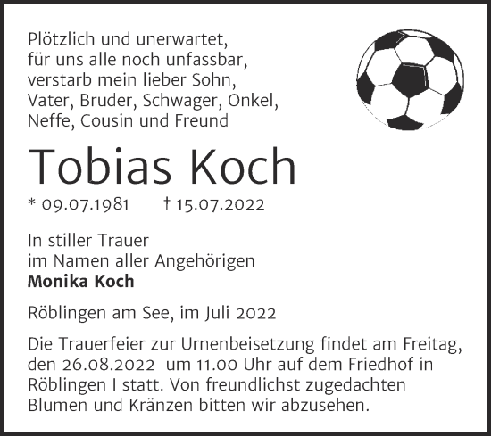 Traueranzeige von Tobias Koch von Trauerkombi Mansfelder Land