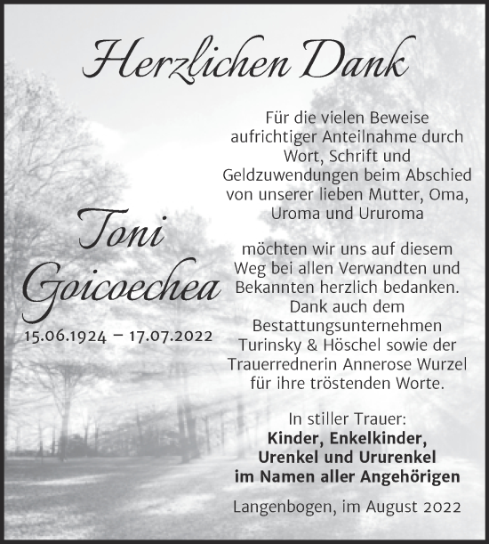 Traueranzeige von Toni Goicoechea von Mitteldeutsche Zeitung Halle/Saalkreis