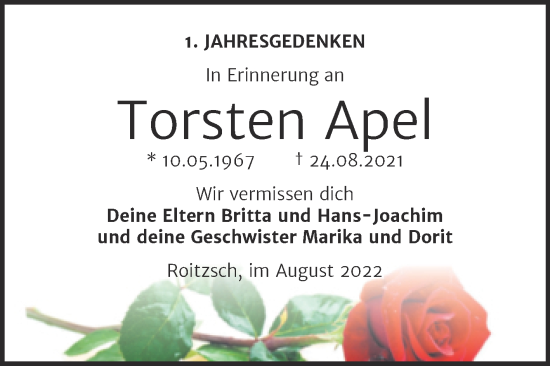 Traueranzeige von Torsten Apel von Trauerkombi Bitterfeld