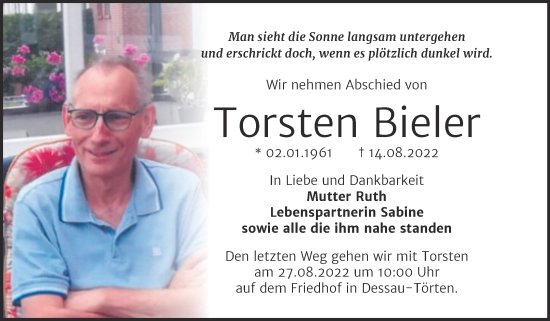 Traueranzeige von Torsten Bieler von Trauerkombi Dessau