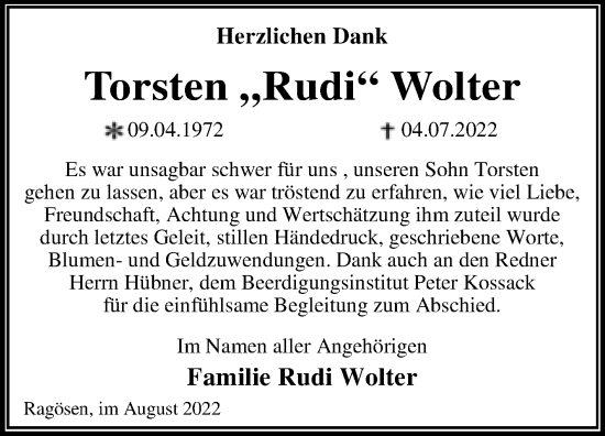 Traueranzeige von Torsten Wolter von Trauerkombi Dessau