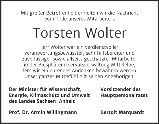 Traueranzeige von Torsten Wolter von Mitteldeutsche Zeitung Dessau-Roßlau