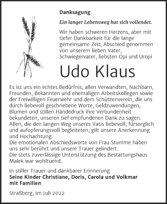 Traueranzeige von Udo Klaus von Trauerkombi Quedlinburg