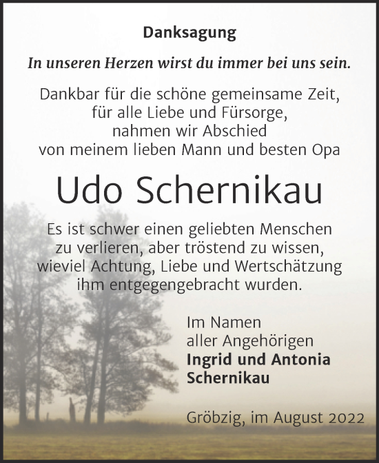 Traueranzeige von Udo Schernikau von Trauerkombi Köthen