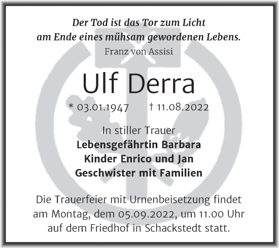 Traueranzeige von Ulf Derra von Trauerkombi Aschersleben