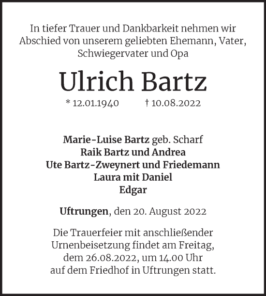 Traueranzeige von Ulrich Bartz von Mitteldeutsche Zeitung Sangerhausen