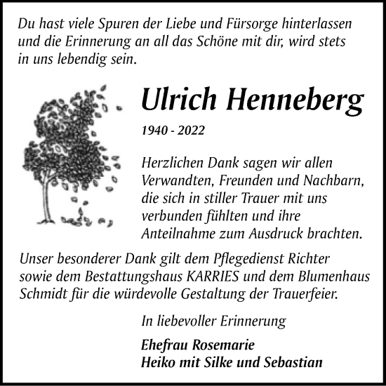 Traueranzeige von Ulrich Henneberg von Mitteldeutsche Zeitung Aschersleben