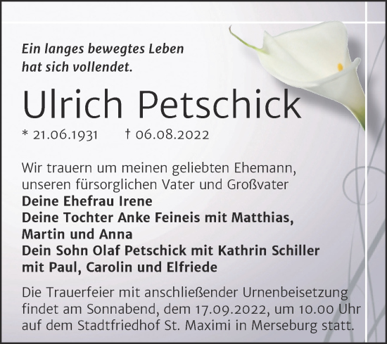 Traueranzeige von Ulrich Petschick von Trauerkombi Merseburg
