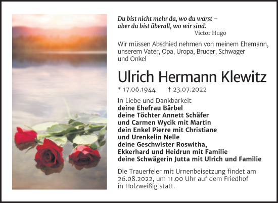 Traueranzeige von Ulrich Hermann Kleesitz von Trauerkombi Bitterfeld