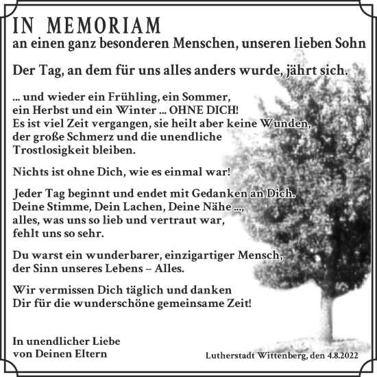 Traueranzeige von unseren lieben Sohn  von Trauerkombi Wittenberg