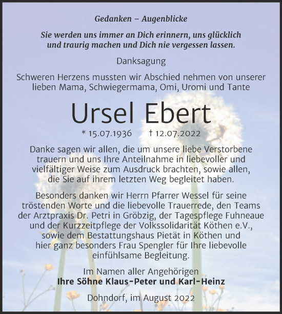 Traueranzeige von Ursel Ebert von Trauerkombi Köthen