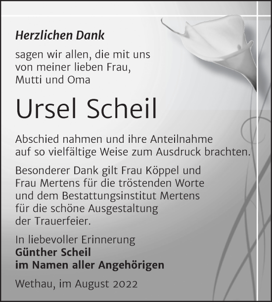 Traueranzeige von Ursel Scheil von Wochenspiegel Naumburg/Nebra