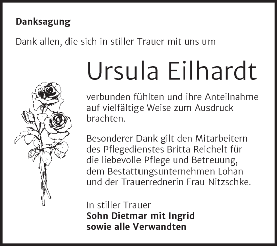 Traueranzeige von Ursula Eilhardt von Trauerkombi Bitterfeld
