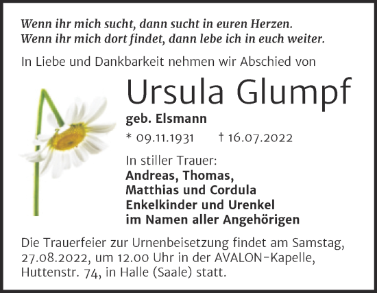 Traueranzeige von Ursula Glumpf von Mitteldeutsche Zeitung Halle/Saalkreis