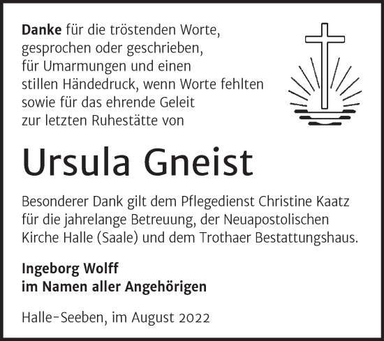 Traueranzeige von Ursula Gneist von Mitteldeutsche Zeitung Halle/Saalkreis