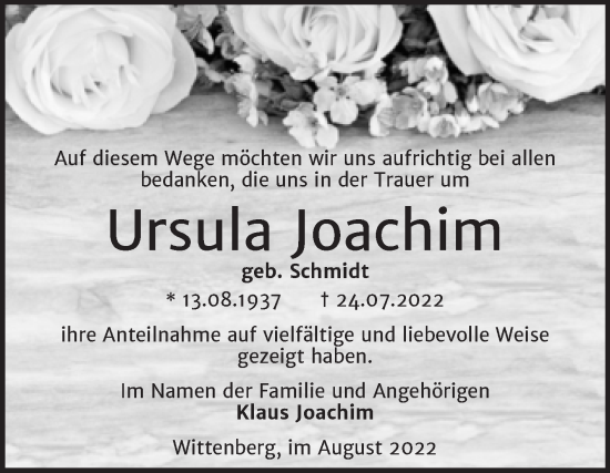 Traueranzeige von Ursula Joachim von Trauerkombi Wittenberg