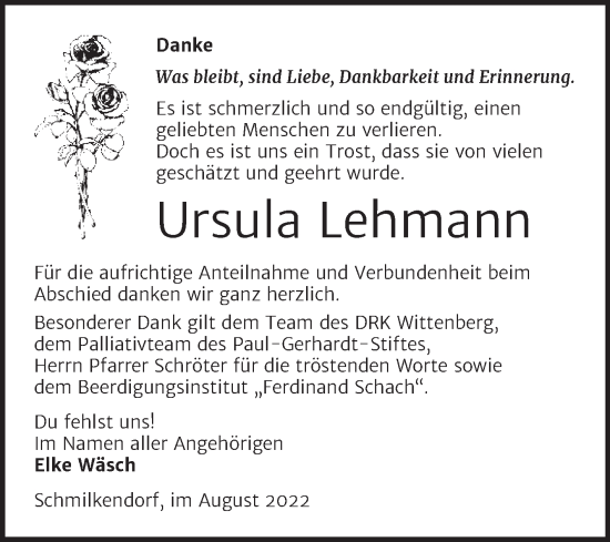 Traueranzeige von Ursula Lehmann von Trauerkombi Wittenberg