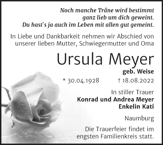 Traueranzeige von Ursula Meyer von Wochenspiegel Naumburg/Nebra