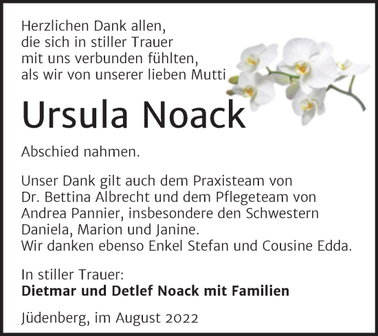 Traueranzeige von Ursula Noack von Trauerkombi Wittenberg