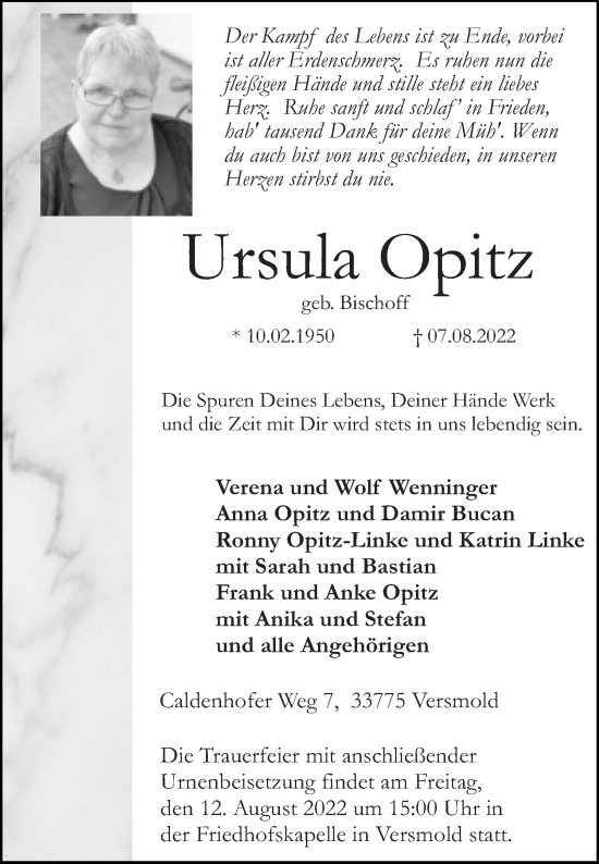 Traueranzeige von Ursula Opitz von Super Sonntag Aschersleben