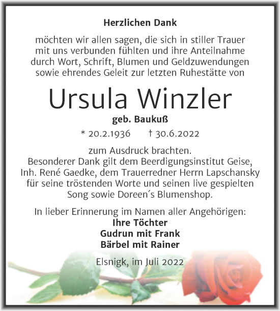 Traueranzeige von Ursula Winzler von Trauerkombi Köthen