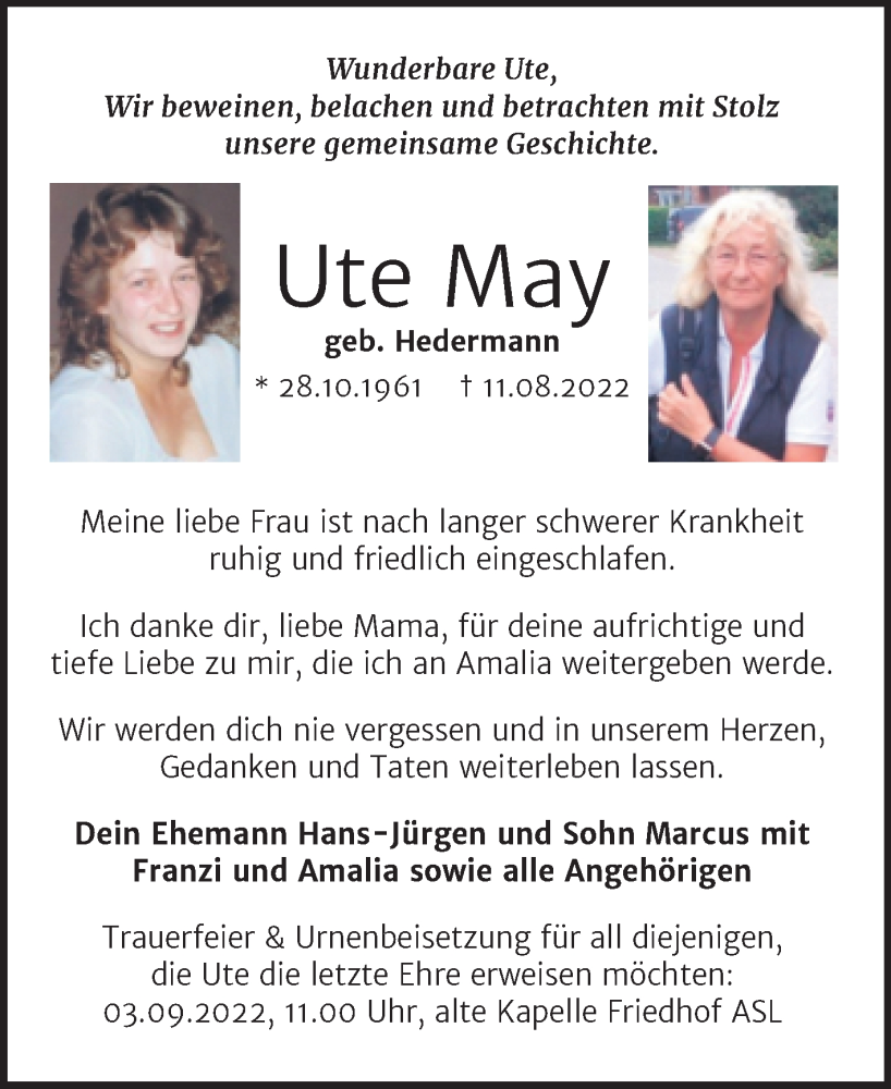  Traueranzeige für Ute May vom 20.08.2022 aus Trauerkombi Aschersleben