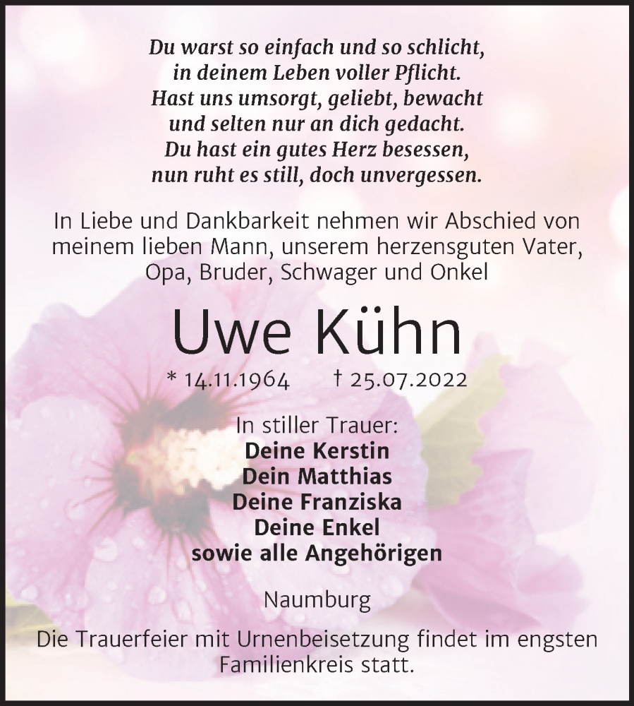  Traueranzeige für Uwe Kühn vom 03.08.2022 aus Wochenspiegel Naumburg/Nebra