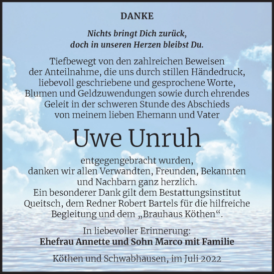 Traueranzeige von Uwe Unruh von Trauerkombi Köthen