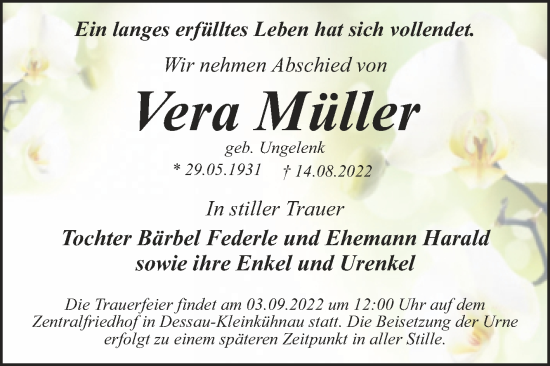 Traueranzeige von Vera Müller von Trauerkombi Dessau
