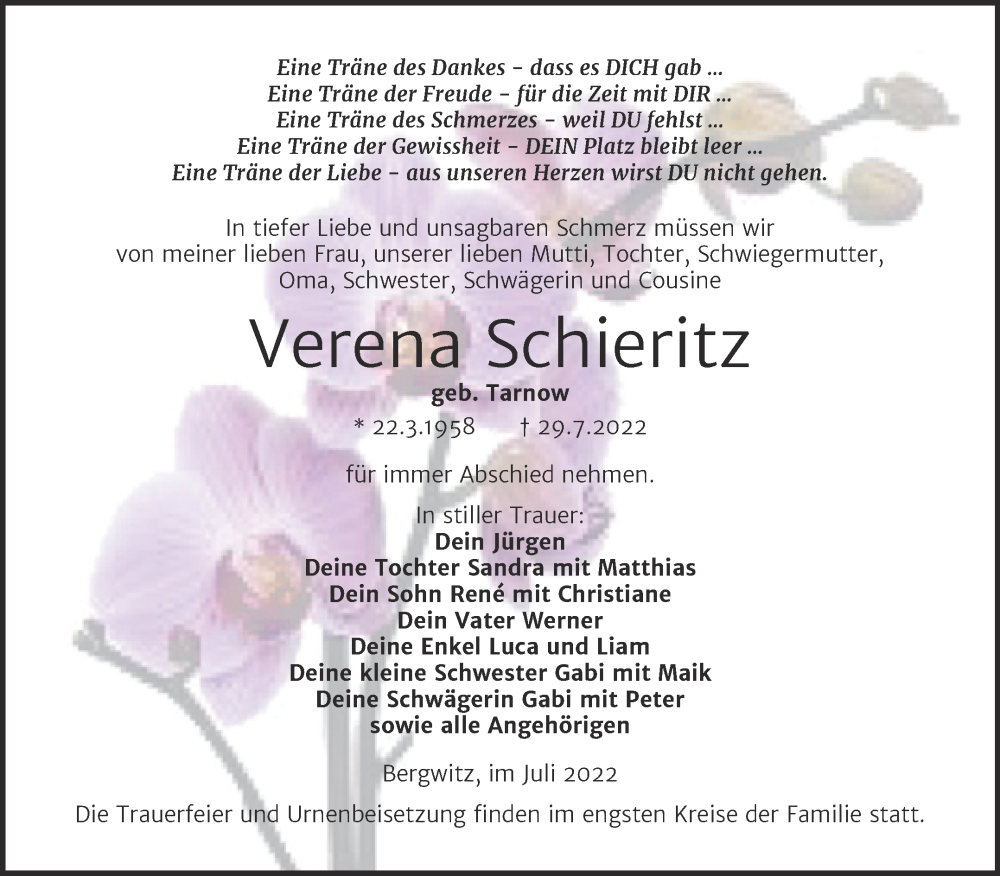  Traueranzeige für Verena Schieritz vom 06.08.2022 aus Trauerkombi Wittenberg