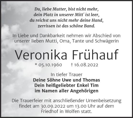 Traueranzeige von Veronika Frühauf von Trauerkombi Bitterfeld
