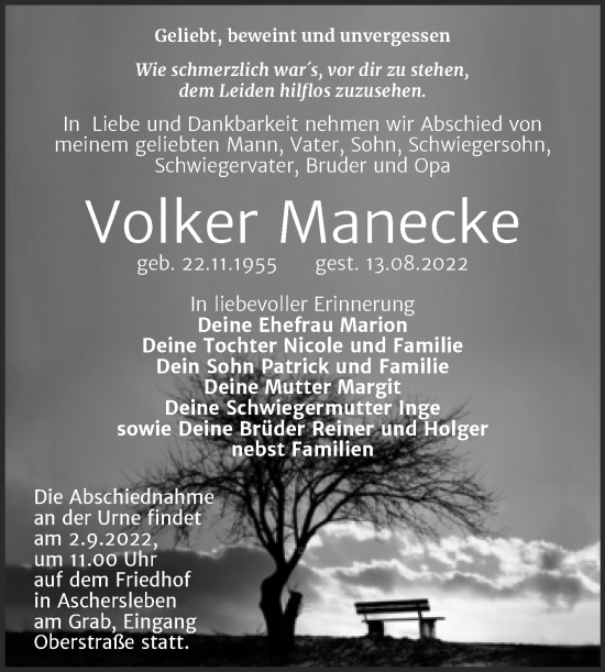 Traueranzeige von Volker Manecke von Trauerkombi Aschersleben