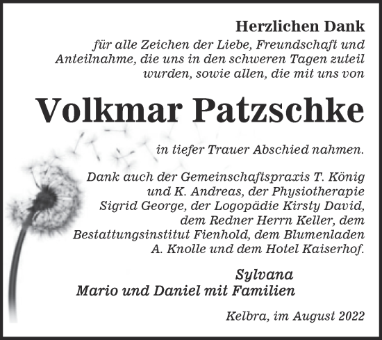 Traueranzeige von Volkmar Patzschke von Trauerkombi Sangerhausen