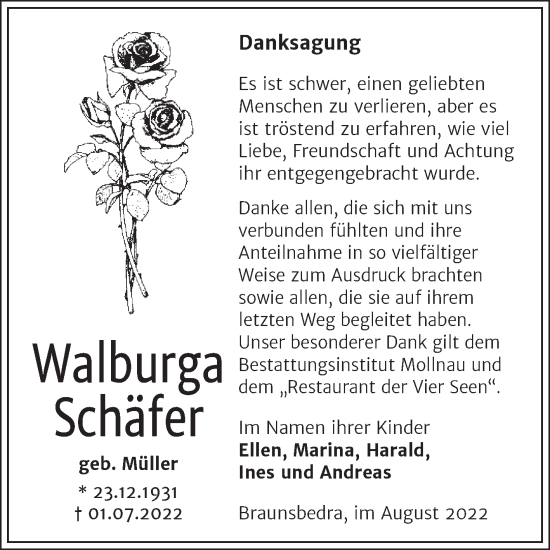 Traueranzeige von Walburga Schäfer von Trauerkombi Merseburg