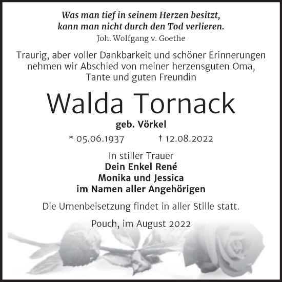 Traueranzeige von Walda Tornack von Trauerkombi Bitterfeld