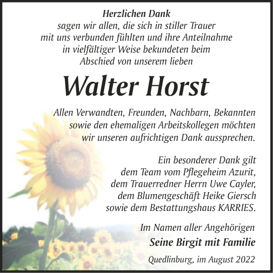Traueranzeige von Walter Horst von Trauerkombi Quedlinburg
