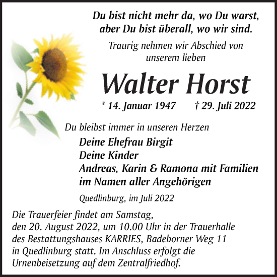 Traueranzeige von Walter Horst von Trauerkombi Quedlinburg