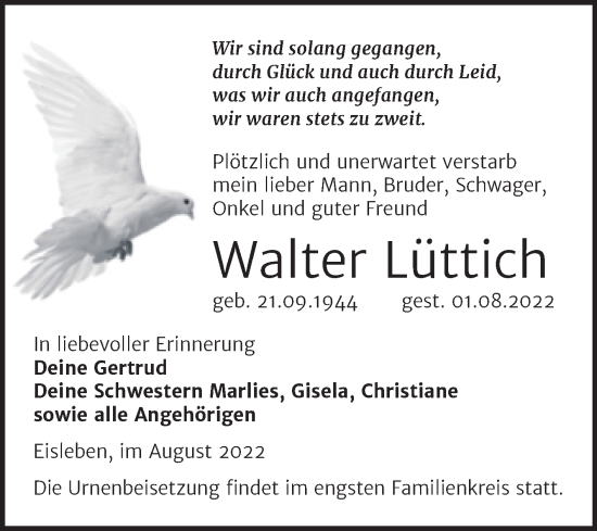 Traueranzeige von Walter Lüttich von Trauerkombi Mansfelder Land
