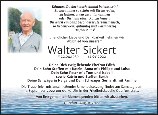 Traueranzeige von Walter Sickert von Trauerkombi Merseburg