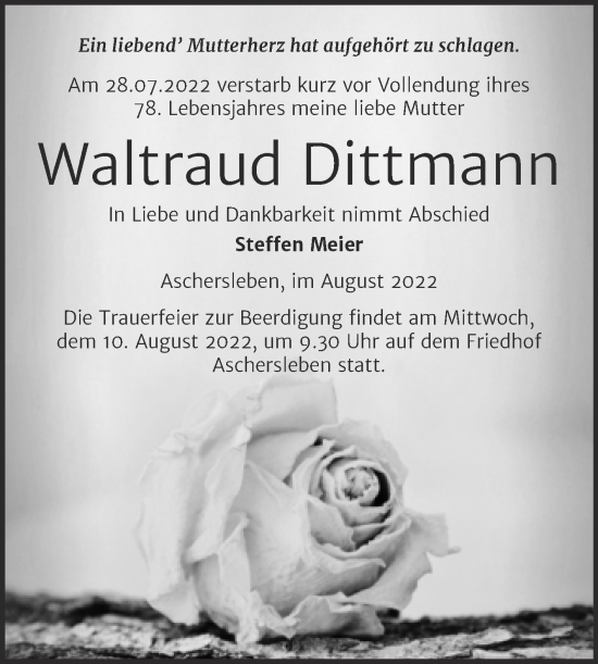 Traueranzeige von Waltraud Dittmann von Mitteldeutsche Zeitung Aschersleben