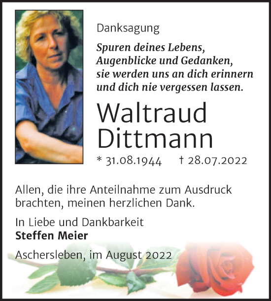 Traueranzeige von Waltraud Dittmann von Trauerkombi Aschersleben
